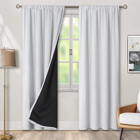 BGment Long Blackout Curtains for Living Room 90 Inch Length 2 Panels Set, Full Room Darkening Thermal Insulated Rod Pocket Curtains with Black Liner, 46 Inch Wide, Greyish White, 2 Panels