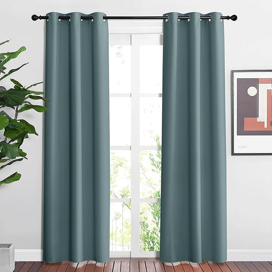 NICETOWN Blackout Greyish Blue Curtains & Drapes for Living Room - Thermal Insulated Solid Grommet Sound Reducing Room Darkening Window Treatments for Bedroom/Boys Room (2 Panels, W37 x L84)