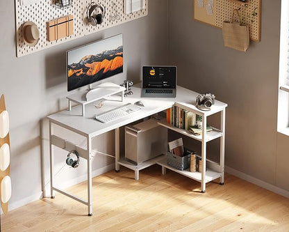 ODK 47 Inch Small L Shaped Computer Desk with Reversible Storage Shelves, L-Shaped Corner Desk with Monitor Stand for Small Space, Modern Simple Writing Table for Home Office Workstation, White