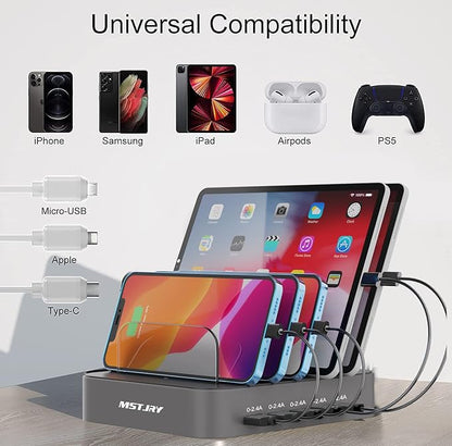 Charging Station for Multiple Devices, MSTJRY 5 Port Multi USB-A Charger Station with Power Switch Designed for iPhone iPad Cell Phone Tablets (Gray, 7 Mixed Short Cables Included)