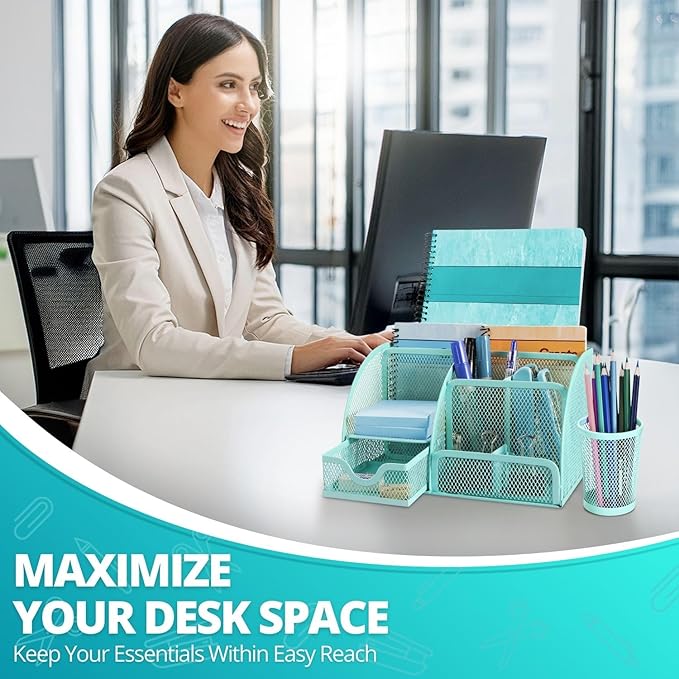 Flexzion Desk Top Caddy Organizer - Green Office Desk Accessories Organizer and Storage - Metal Mesh Desk with 6 Compartments, Drawer and Pen Holder