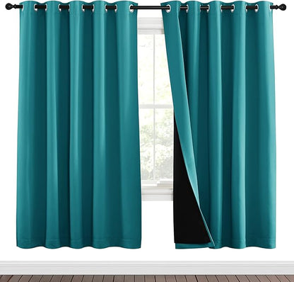 NICETOWN 100% Blackout Window Curtain Panels, Full Light Blocking Drapes with Black Liner for Nursery, 72-inch Drop Thermal Insulated Draperies (Peacock Teal, 2 Pieces, 70-inch Wide Per Panel)