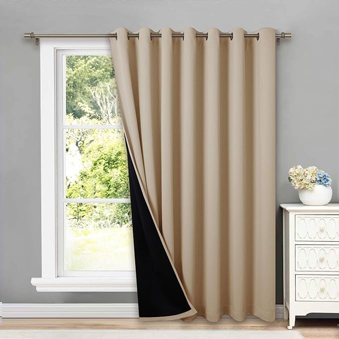 NICETOWN 100% Blackout Thermal Insulated Curtain, Noise Reducing Slider Curtain Panel with Black Lining, Full Light Blocking Patio Door Drapery (1 PC, 100-inch x 95 inches, Light Taupe=Biscotti Beige)