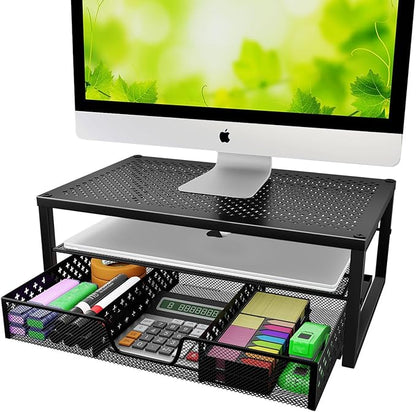 Simple Trending Metal Monitor Stand Riser and Computer Desk Organizer with Drawer for Laptop, Computer, iMac, Black