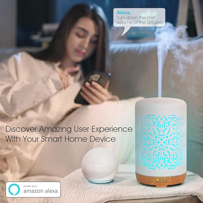 Earnest Living Smart Wifi Essential Oil Diffuser White Ceramic Diffuser 250 ml with Alexa Google Home App Phone Control LED and Auto Off Office Humidifier Aromatherapy Diffusers for Essential Oils