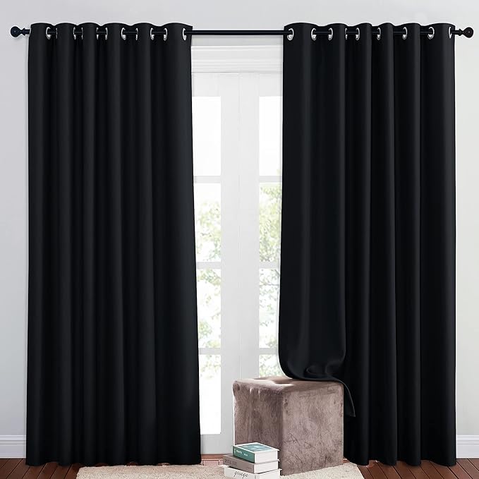 NICETOWN Blackout Patio Curtains for Windows 84 inch Length - Solid Thermal Insulated Grommet Light Reducing Panels Window Treatment for Living Room (Black, 2 Panels = 160" Wide)