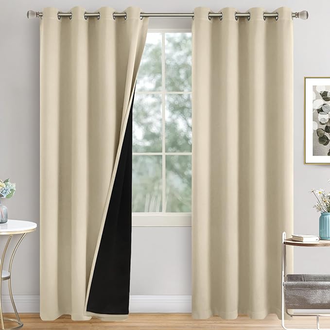 Beige Blackout Curtains 84 Inch Length 2 Panels Set for Living Room, Thermal Insulated 100% Light Blocking Soundproof Grommet Window Curtains for Bedroom with Black Liner, Each 52 Inch Wide