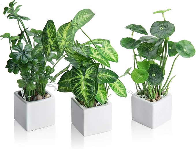 MyGift Artificial Assorted Plants Faux Tabletop Greenery in White Square Ceramic Pots, Set of 3