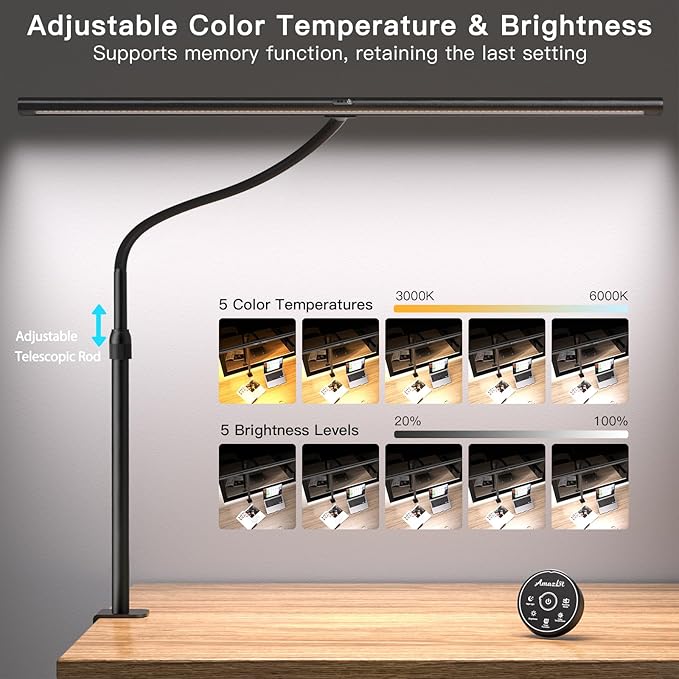 Desk Lamp for Home Office, Desk Light with Remote Control, Monitor Light with Telescopic Rod, Gesture Sensing Office Lamp, Architect Desk Lamp, Adjustable Brightness & Color Temperature, 24W