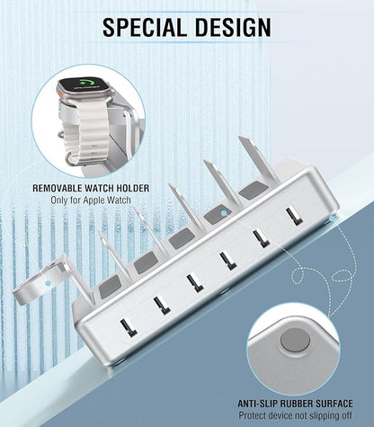 Charging Station for Multiple Devices Apple,50W 6 Port&6 Cables Charging Station for Apple Device with Apple Watch Holder,Charging Dock for Cellphone, Kindle, Tablet and Other Electronic (Sliver)