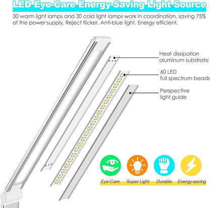 LED Desk Lamp with Wireless Charger, USB Charging Port, Desk Light with 10 Brightness, 5 Color Modes, Dimmable Eye Caring Reading Desk Lamps for Home Office, Touch Control, Auto Timer, White