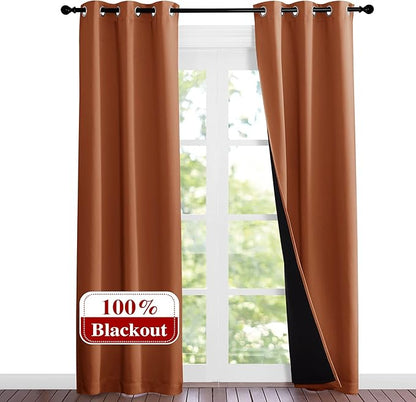 NICETOWN Burnt Orange Blackout Curtains 84 inches Long, Full Light Blocking Drapes with Black Liner for Nursery, Noise Reducing Thermal Insulated Draperies for Doorway (2 Pieces, 37" Wide Each Panel)