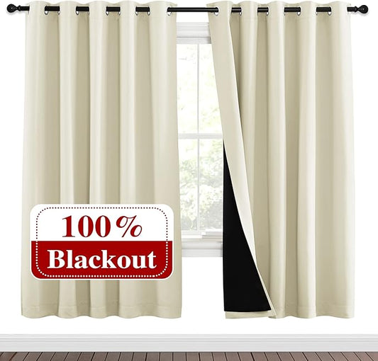 NICETOWN Living Room Completely Shaded Draperies, Privacy Protection & Noise Reducing Ring Top Drapes, Black Lined Insulated Window Treatment Curtain Panels (Beige, 2 Pieces, W70 x L72)