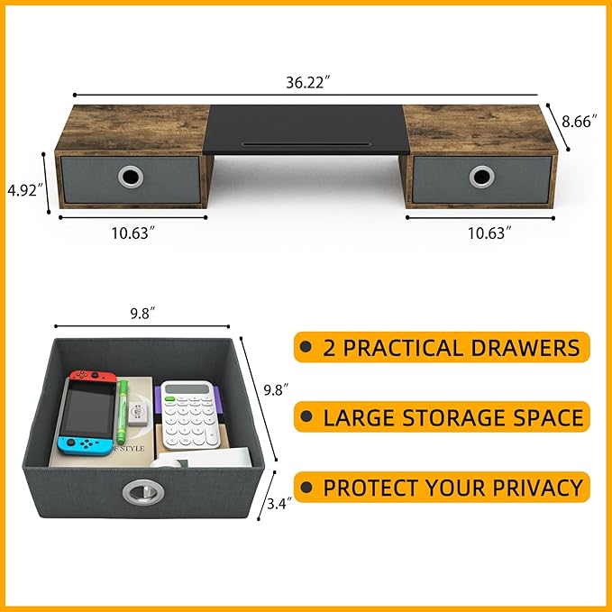 WESTREE Dual Monitor Stand Riser with Two Drawers, Extra Large Storage for 2 Monitors, Desktop Oraganizer Computer,Laptop,Screen,Printer,TV