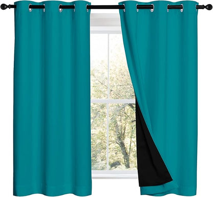 NICETOWN Peacock Teal 100% Blackout Lined Curtains, 2 Thick Layers Completely Blackout Window Treatment Panels Thermal Insulated Drapes for Kitchen (1 Pair, 42" Width x 63" Length Each Panel)