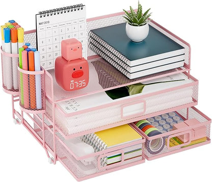 Marbrasse 3 Tier Mesh Desk Organizer with Drawer, Multi-Functional Desk Organizers and Accessories, Paper Letter Organizer with 2 Pen Holder for Home Office Supplies (Pink)