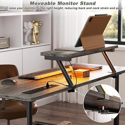 Height Adjustable Standing Desk with Power Outlets and LED Lights - 39" Manual Stand Up Desk with Monitor Stand and Storage Shelves Small Mobile Rolling Computer Desk Portable Laptop Table, Grey Oak