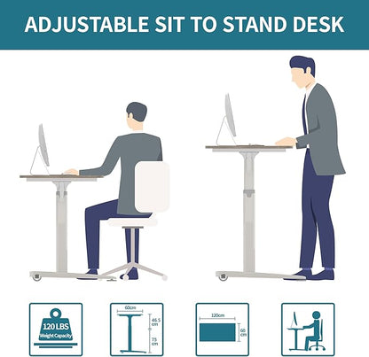 Manual Standing Desk Adjustable Height- Crank Mobile Standing Desk 48 x 24 Inches Sit Stand Desk Frame & Top, Stand Up Desk on Wheels, Computer Desk Black Frame & Rustic Brown