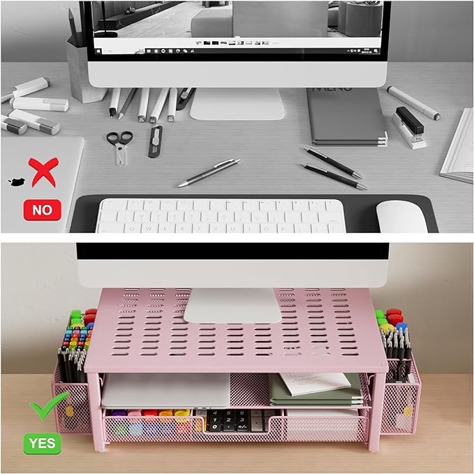 gianotter Monitor Stand with Drawer and Pen Holder, Desk Organizers and Accessories, 2-Tier Monitor Riser, Pink Office Decor for Women(Pink)