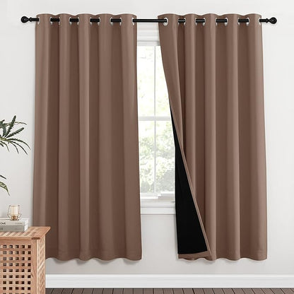 NICETOWN Living Room Completely Shaded Draperies, Privacy Protection & Noise Reducing Ring Top Drapes, Black Lined Insulated Window Treatment Curtain Panels(Cappuccino, 2 Pieces, W62 x L72)