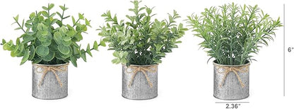 Mkono Mini Fake Plants in Farmhouse Galvanized Metal Pots 3 Pack Small Potted Artificial Plant Eucalyptus for Laundry Room Bathroom Shelf Table Decor