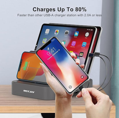 Charging Station for Multiple Devices, MSTJRY 5 Port Multi USB-A Charger Station with Power Switch Designed for iPhone iPad Cell Phone Tablets (Gray, 7 Mixed Short Cables Included)