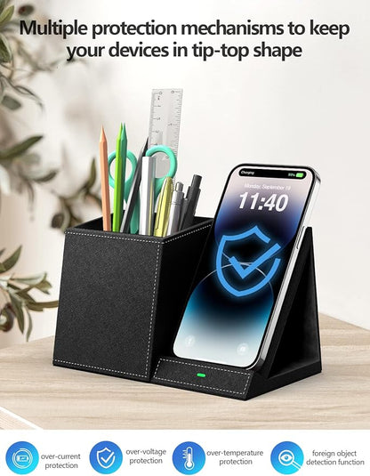 2-in-1 Pen Holder with Wireless Charger, Compatible with iPhone 16/15/14/13/12/11/8 Series, Pencil Holder Phone Stand for Desk Home Office, Men Gift Husband Wife Anniversary Dad Birthday Idea Gadget