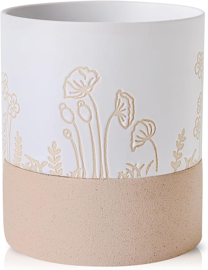 Nihow Self Watering Plant Pot: 6 Inch Ceramic Planter with Drainage Hole & Water Storage Plus for Indoor & Outdoor Plants - Cylinder Round Flower Pot for Succulent/Herbs/Violets -White & Nature