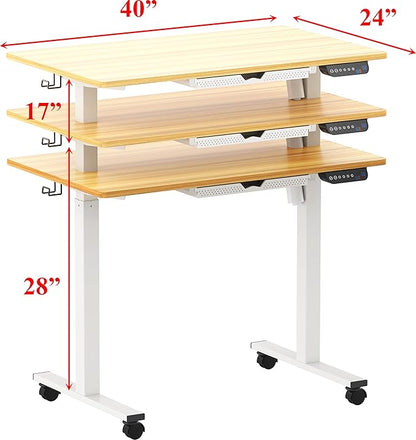 SHW Small Electric Height Adjustable Mobile Sit Stand Desk with Drawer, Hanging Hooks and Cable Management, 40 x 24 Inches, Oak