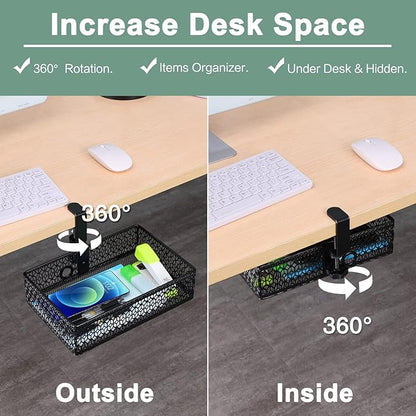 ROSYLINE Drawer Under Desk Storage Organizer, Clamp on Desk Drawer, Under Desk Storage, Clamp Drawer Basket, Hanging Desk Storage, Under Desk Mount Tray, Suitable for Multiple Scenes (Black)