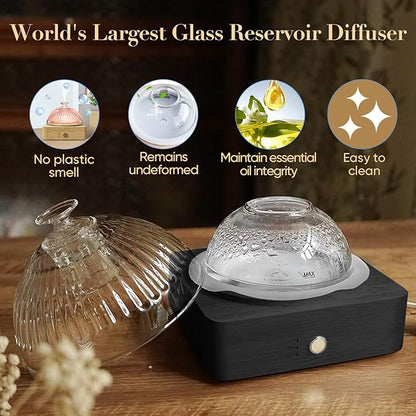 Glass Dome Essential Oil Diffuser with Glass Reservoir & Wood Base-Plastic Free, 200ml Ultrasonic Glass Diffuser for Aromatherapy with Timer 7 Color Light Auto-Off for Gift Home Office Yoga Dark Brown