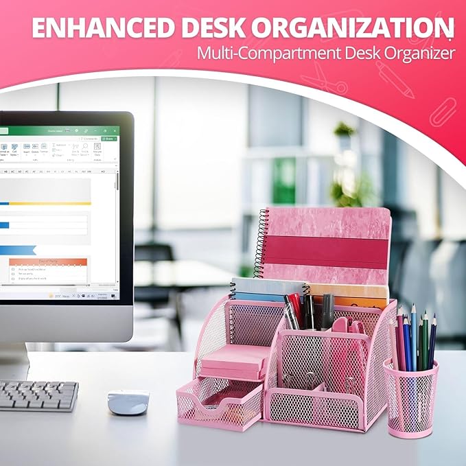 Flexzion Desk Top Caddy Organizer - Pink Office Desk Accessories Organizer and Storage - Metal Mesh Desk with 6 Compartments, Drawer and Pen Holder