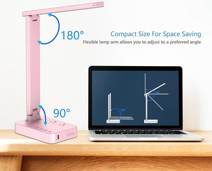 Drevet LED Desk Lamp, Desk Light with 1 USB Charging Port and 2 AC Power Outlet, 3 Lighting Modes, 3 Level Brightness,1H Timer, Touch Control, Eye-Caring Home Office Foldable Table Lamp (Pink)