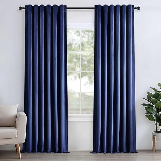 Topfinel Navy Blue Velvet Curtains 108 Inches Long for Living Room,Blackout Back Tab Thermal Insulated Heavy Curtains for Bedroom,W52 x L108 Inches,2 Panels,9FT