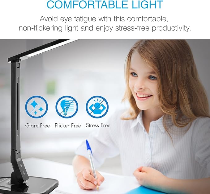 Tenergy 7W Dimmable LED Desk Lamp, 530 Lumens with 5 Dimming Levels, Touch Control with Auto Shut-Off Timer, Eye Protection Foldable Table Light for Home and Office