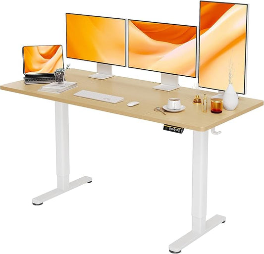 Electric Standing Desk, Adjustable Height Stand up Desk, 63x24 Inches Sit Stand Home Office Desk with Splice Board, White Frame/Nature Top