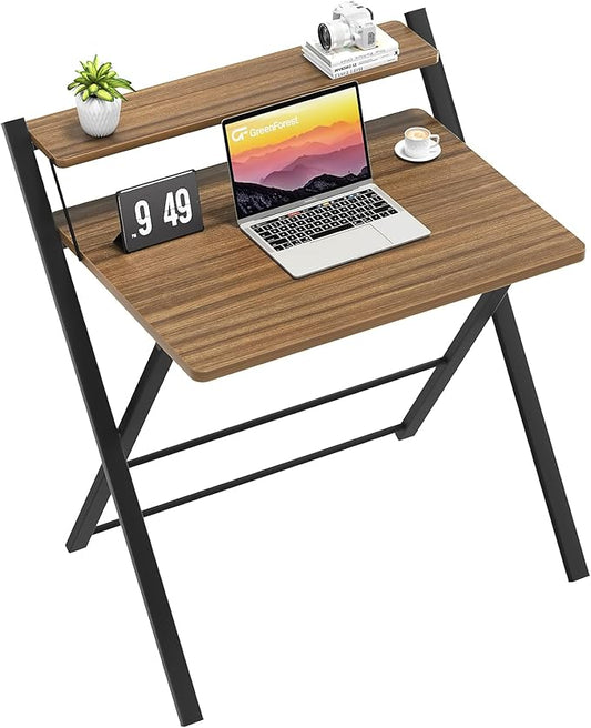 GreenForest Folding Desk No Assembly Required Large Size, 2-Tier Foldable Computer Desk with Shelf for Home Office, Space Saving Portable Laptop Study Foldable Table for Bedroom, Espresso