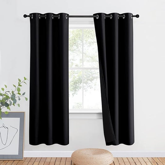 NICETOWN 100% Blackout Window Curtain Panel, Full Light Blocking Drape with Black Liner for Nursery, 72 inches Drop Thermal Bedroom Drape and Curtain (Black, 1 Piece, 42 inches Wide Per Panel)