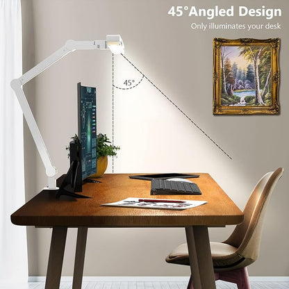 Micomlan Led Desk Lamp for Home Office, White Architect Desk Lamp with Clamp for Crafting, 24W Bright Rotatable Led Desk Light Stepless Dimming Tempering Wide Table Light with Atmosphere Lighting