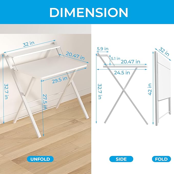 GreenForest Folding Desk No Assembly Required Large Size, 2-Tier Foldable Computer Desk with Shelf for Home Office, Space Saving Portable Laptop Study Foldable Table for Bedroom, White