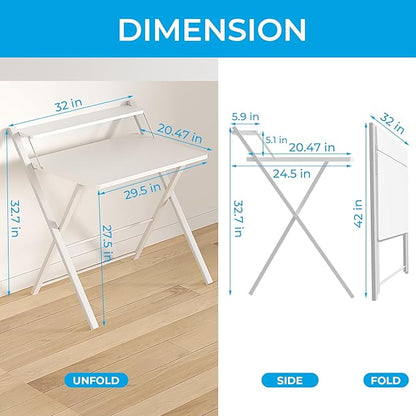 GreenForest Folding Desk No Assembly Required Large Size, 2-Tier Foldable Computer Desk with Shelf for Home Office, Space Saving Portable Laptop Study Foldable Table for Bedroom, White