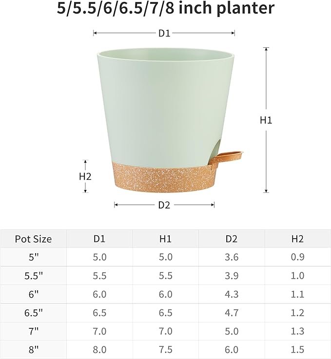 FaithLand 6-Pack Green Self Watering Planter Pots for Indoor Outdoor Plants - 8, 7, 6.5, 6, 5.5, 5 Inches Flower Pots