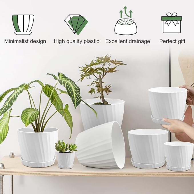 7 pcs Plant Pots with Drainage Holes and Saucers, Indoor Planters, Set of 7 (7.5, 7, 6.5, 6, 5.5, 4.5, 3.5 Inches), White