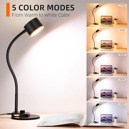 Desk Lamp, LED Desk Lamp with USB C + A Charging Ports, 5 Colors Fully Dimmable Eye Care Reading Lamp for Bedside Table Full Metal Efficient Gooseneck Table Lamp for Home Office Black