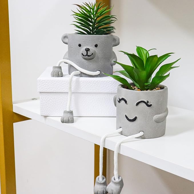 Zerzsy Faux Succulents in Cement Pots with Hanging Leg, Potted Mini Fake Plants for Office Desk Decor, Artificial Succulent Plants Indoor Decorations - Set of 2