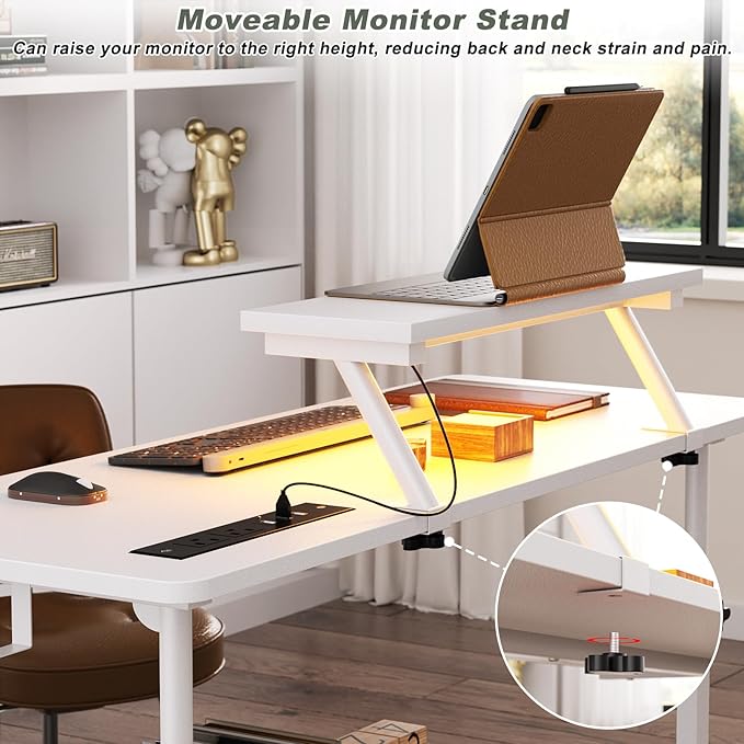 Height Adjustable Standing Desk with Power Outlets and LED Lights - 39" Manual Stand Up Desk with Monitor Stand and Storage Shelves Small Mobile Rolling Computer Desk Portable Laptop Table, White