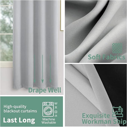 Light Grey Blackout Curtains for Bedroom 63 Inch Length 2 Panels, 100% Light Blocking Thermal Insulated Soundproof Grommet Curtains with Thick Black Liner for Narrow Window, Each 38 Inch Wide