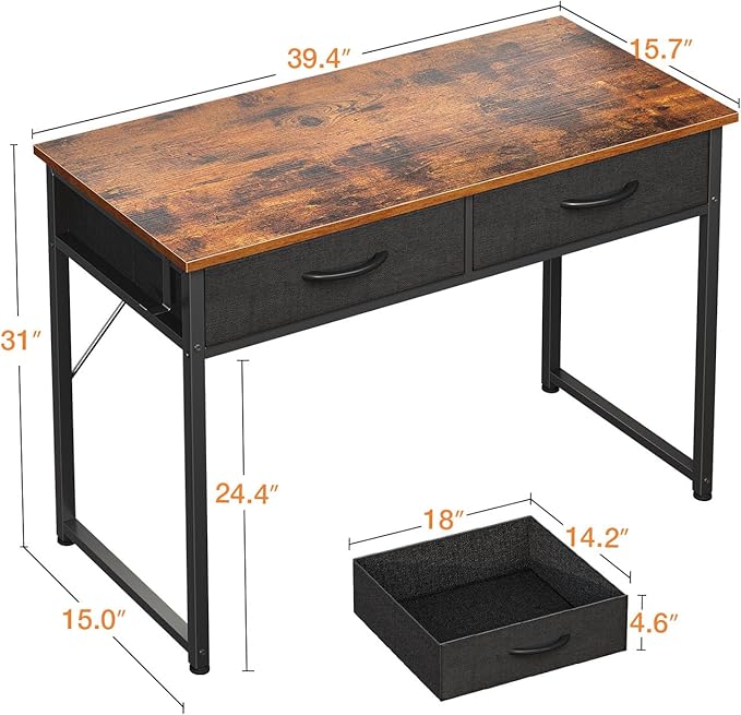 ODK 40 Inch Small Desk with Fabric Drawers- for Bedroom, Vanity Desk with Storage, Home Office Computer Desk for Small Spaces, Modern Work Writing Study Table, Vintage