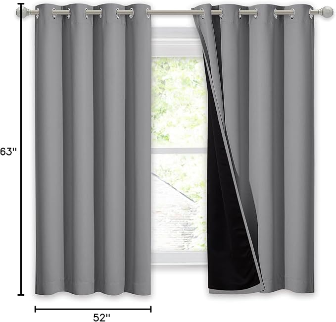 NICETOWN 100% Blackout Curtain with Black Liner, Thermal Insulated Full Blackout 2-Layer Lined Drape, Energy Efficiency Window Drapery for Bedroom (Silver Grey, 1 Panel, 52-inch W by 63-inch L)