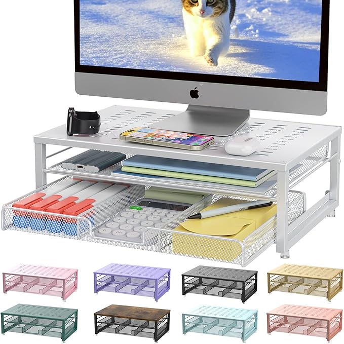 gianotter Computer Monitor Stand Riser, Desk Organizers and Accessories with Drawer, Office Desk Accessories & Workspace Desktop Organizers Storage for Classroom Office Supplies Decor (White)